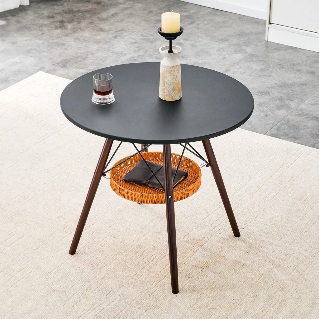 Tavolo da pranzo 2-4 posti con cestello portaoggetti - per soggiorno - Ø 80 cm - noce e nero