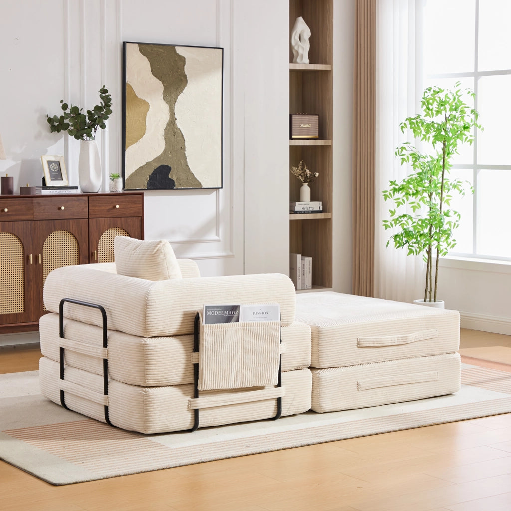 Divano modulare con tasca laterale e cuscino in velluto a coste beige