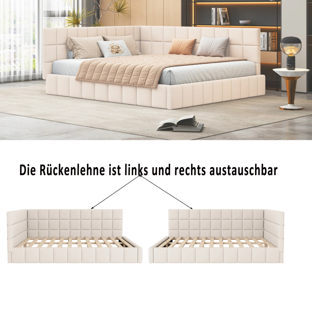 Divano letto 160 × 200 cm con rete a doghe rivestito in velluto beige con schienale e bracciolo intercambiabili