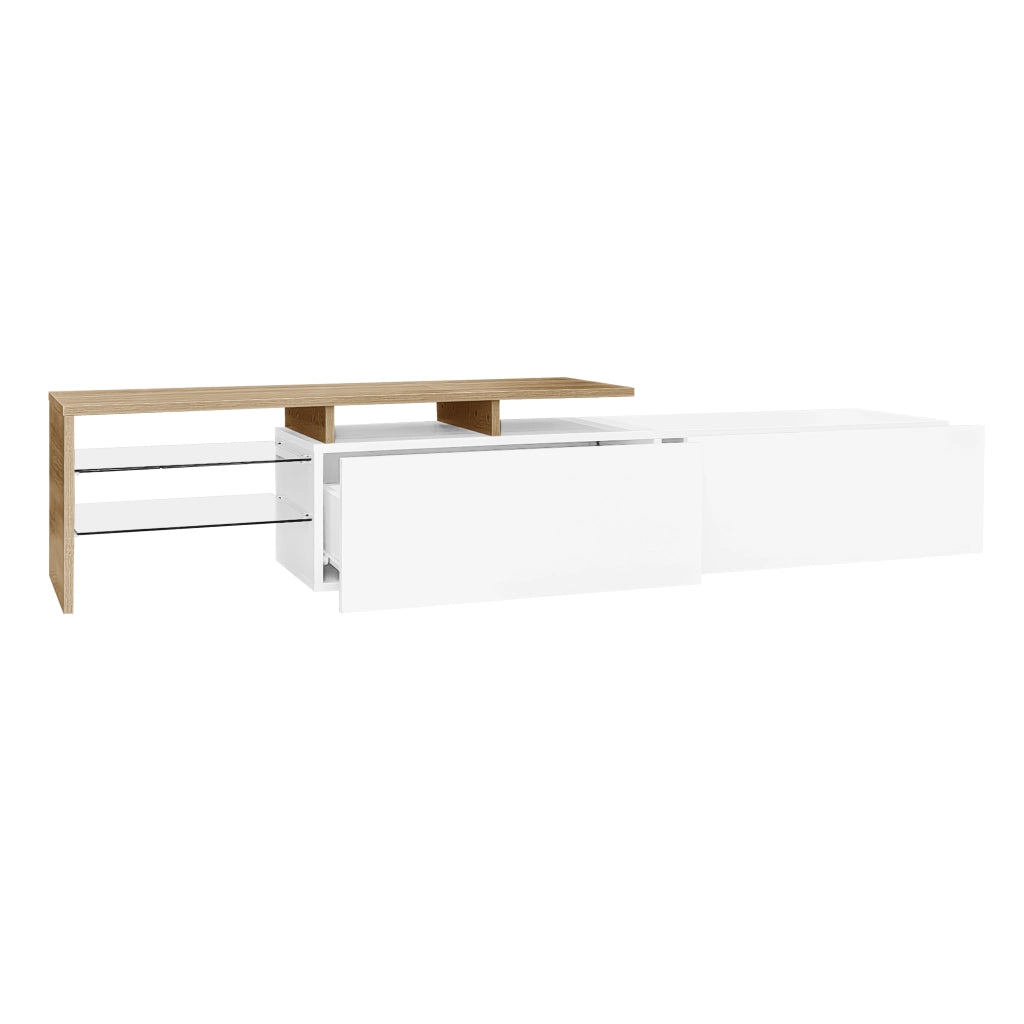 Mobile TV moderno 170 cm bianco e naturale con ripiani in vetro e LED a 16 colori