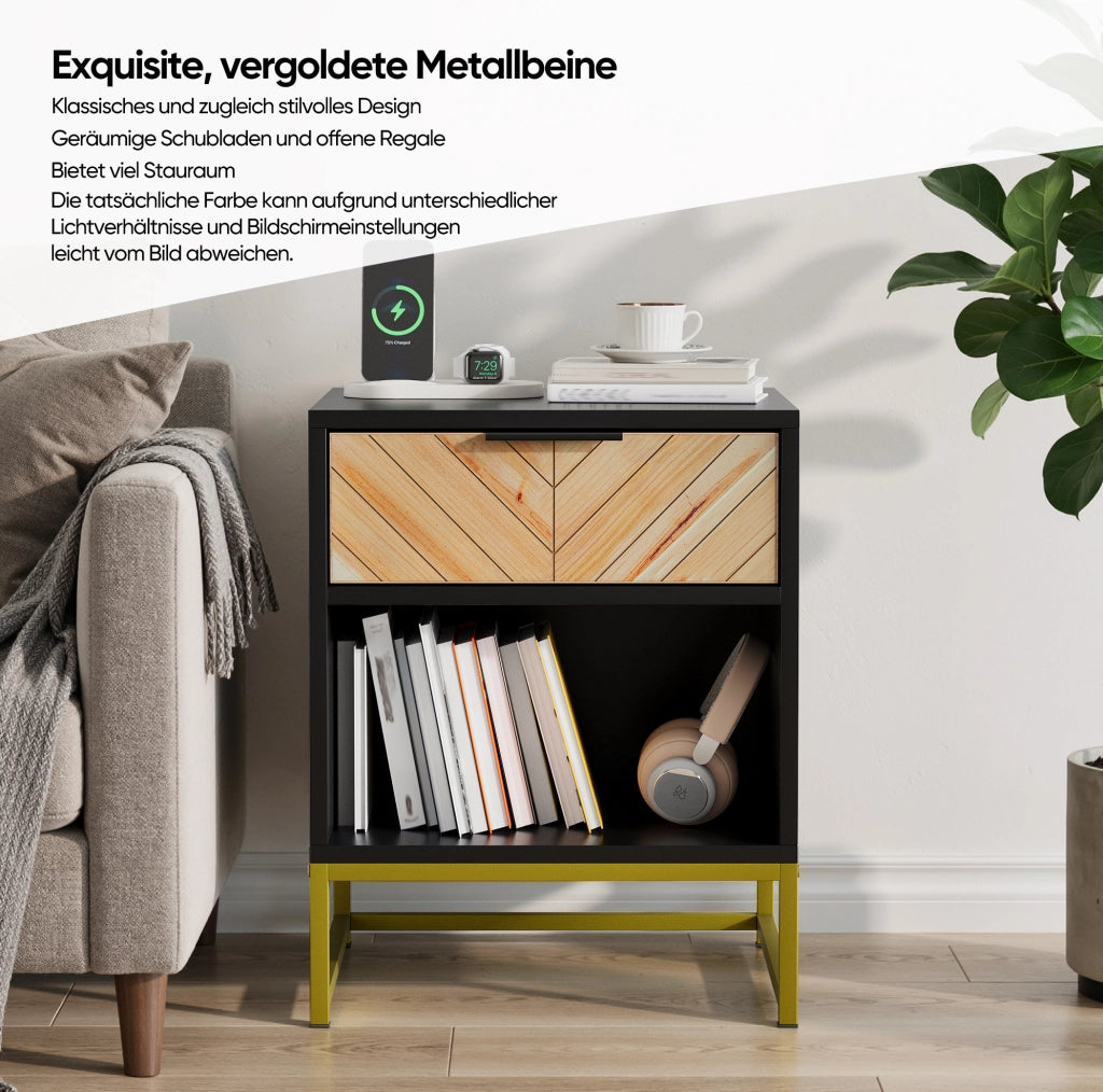Comodino moderno in MDF nero e naturale, 43 x 40 x 55 cm
