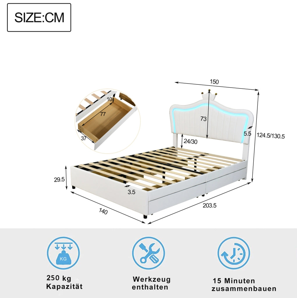 Letto imbottito a forma di conchiglia con LED e 4 cassetti