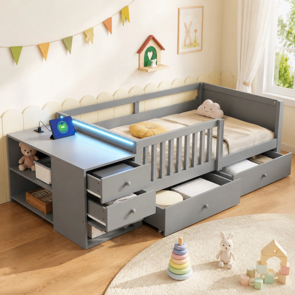 Letto alto per bambini 90x200 cm con contenitore, LED e presa