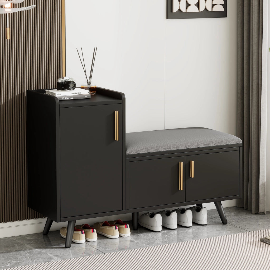 Panca Porta Scarpe Moderna con Tre Ante e Ripiani Regolabili, Struttura in Legno e Metallo Nera, B100xT34xH69 cm