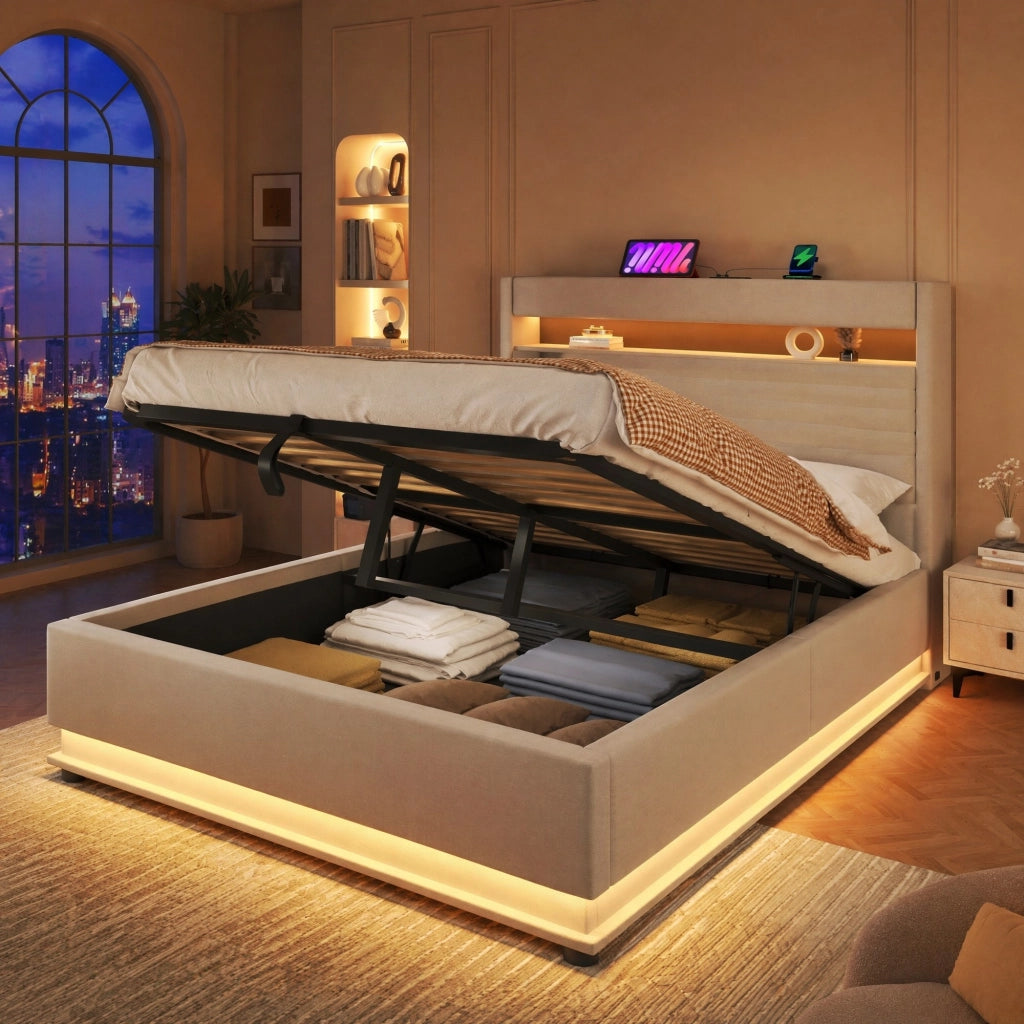 Letto imbottito contenitore 140x200 cm con USB; Type-C; LED e sollevamento idraulico; beige
