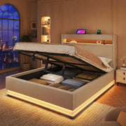Letto imbottito contenitore 140x200 cm con USB; Type-C; LED e sollevamento idraulico; beige