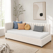 Letto imbottito 90x200 cm beige in velluto, rete a doghe inclusa