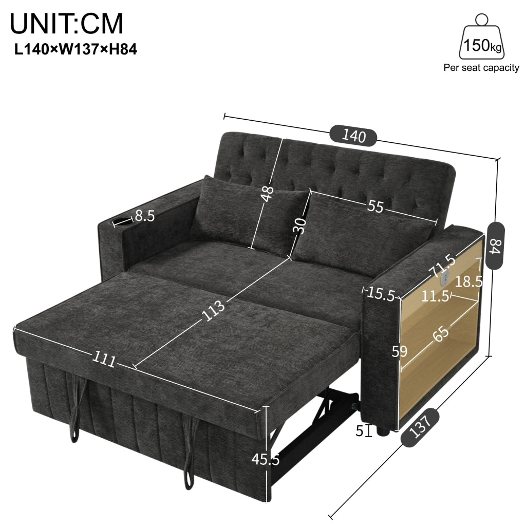 Divano letto multifunzionale 2 posti in tessuto chenille con schienale regolabile, porta bevande e porta USB, grigio