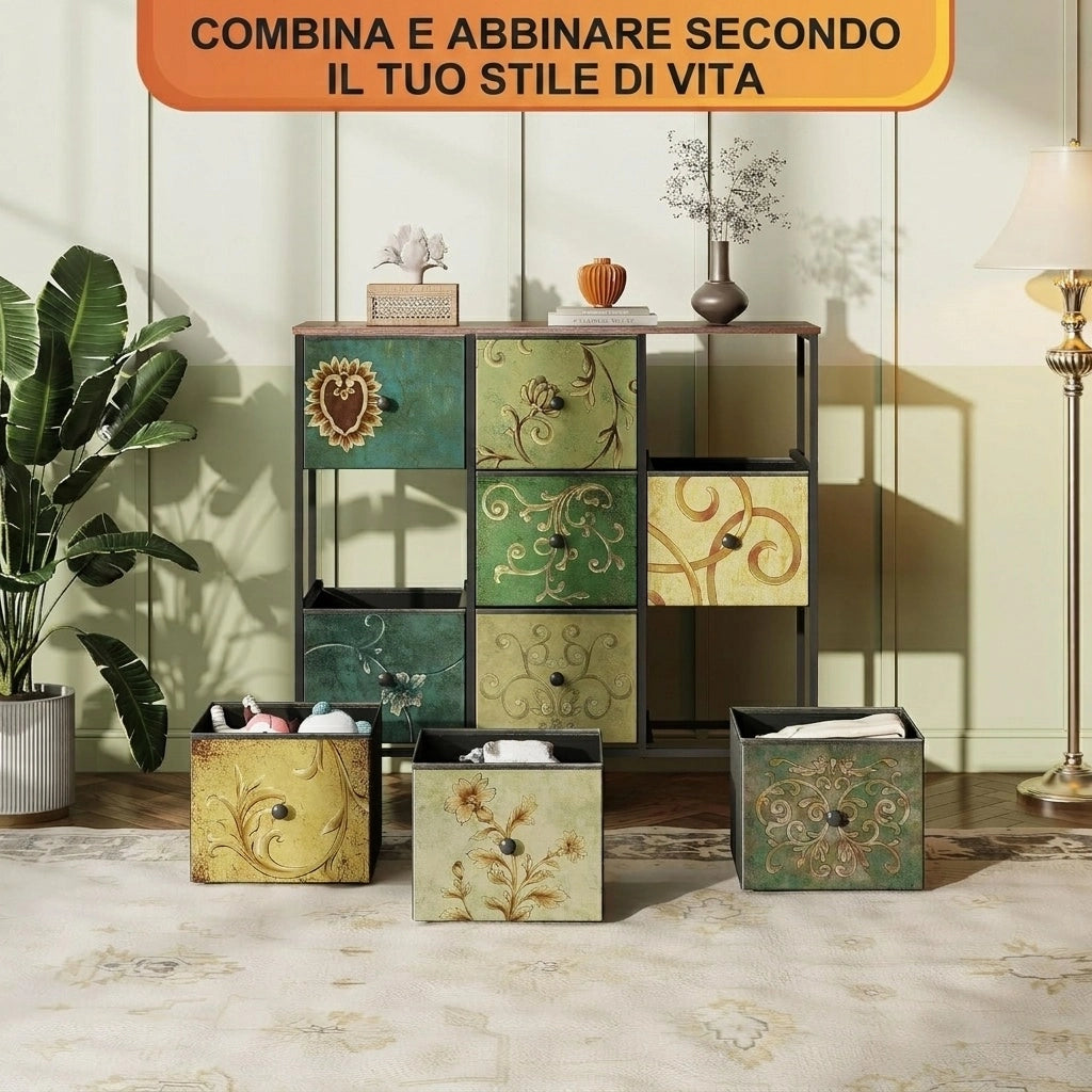 Cassettiera camera da letto 30x100x86.5 cm con cassetti in tessuto motivo floreale vintage mobiletto multiuso in legno e acciaio - verde