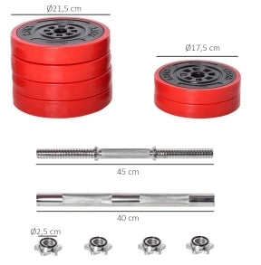 Set manubri e bilanciere ULEVR 30 kg 2 in 1 con dischi e manici imbottiti, rosso e nero