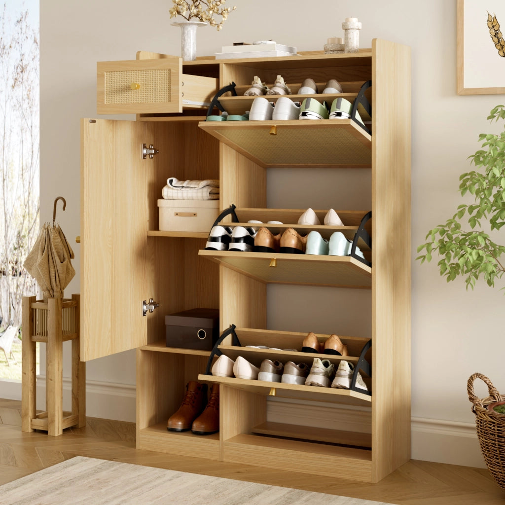 Scarpiera in rattan con 3 ante a ribalta, 1 anta laterale e cassetto, truciolare, naturale