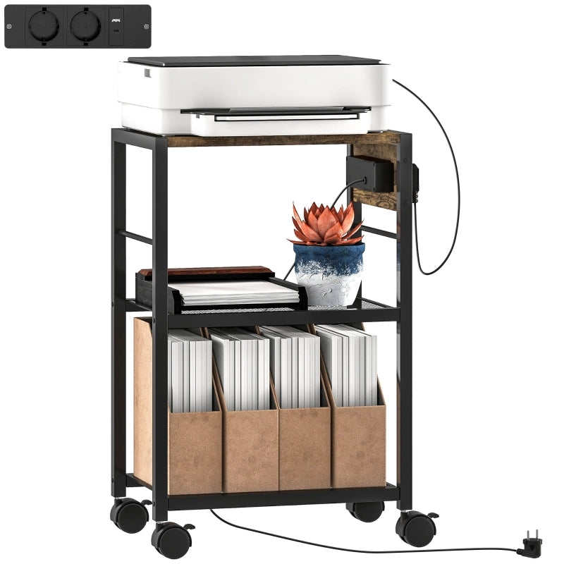 Supporto per stampante a 3 ripiani con prese USB e USB-C su ruote bloccabili marrone rustico 42 × 28 × 64.5 cm