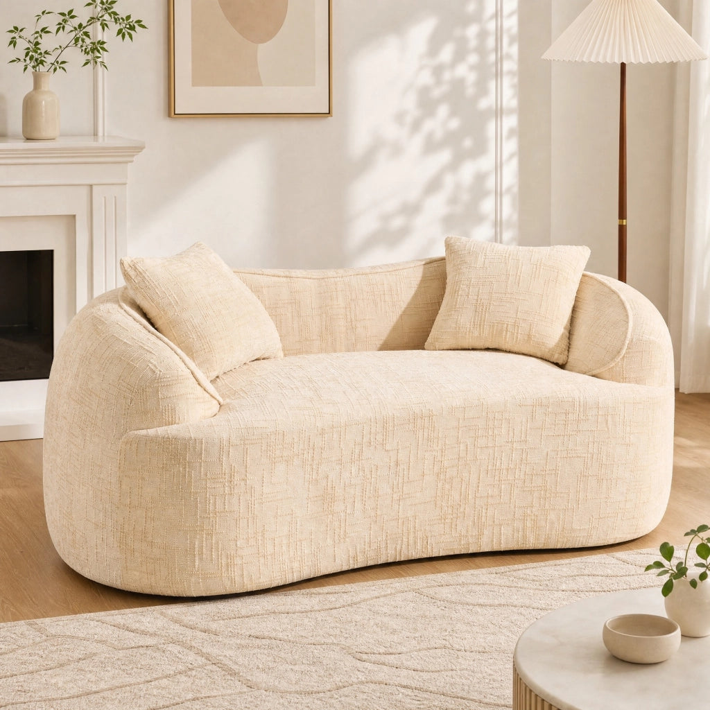 Divano curvo 2 posti con braccioli e 2 cuscini; beige
