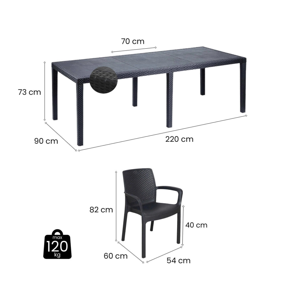 Set salotto da esterno Arret, Salottino outdoor, Tavolo rettangolare allungabile con 8 sedie con braccioli, Made in Italy, Antracite