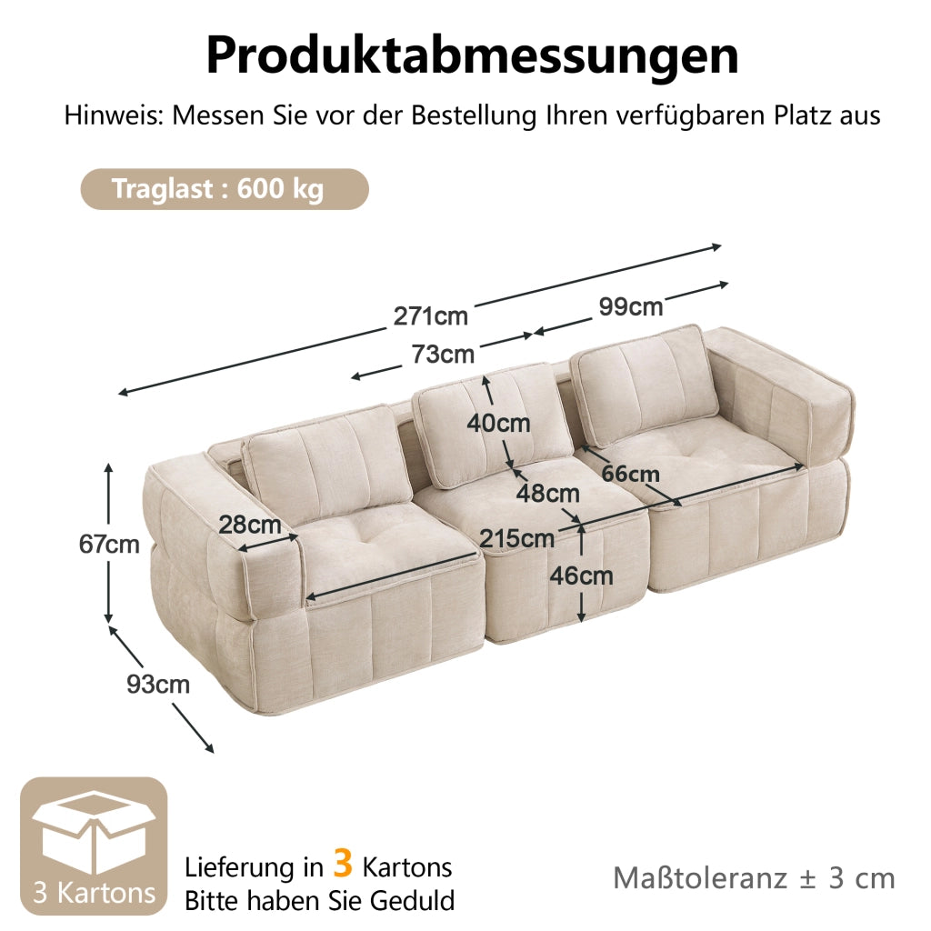 Divano modulare a 3 posti in poliestere beige con seduta profonda, braccioli larghi e base antiscivolo 67 × 271 × 93 cm