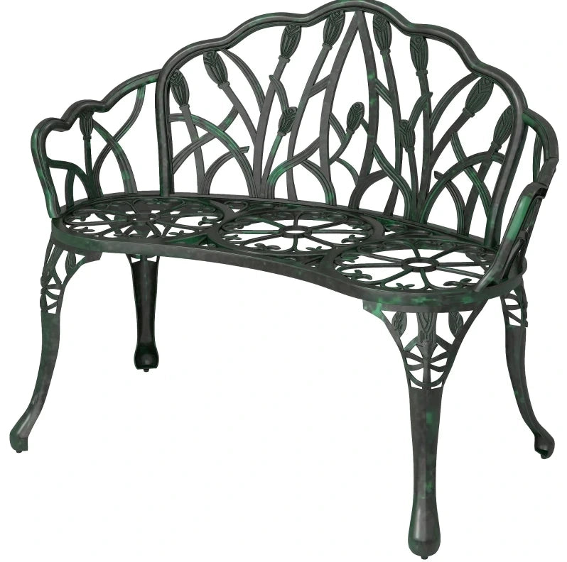 Panca da giardino ULEVR 99x57x78 cm in alluminio pressofuso verde antico, 2 posti con schienale e braccioli