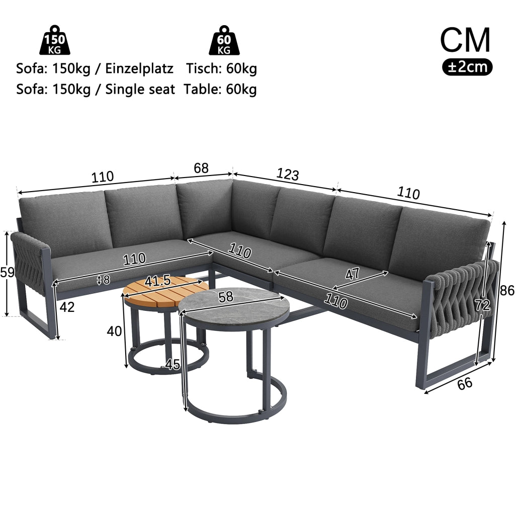 Set giardino modulare grigio 110 x 66 x 86 cm, 5-6 posti, cuscini sfoderabili