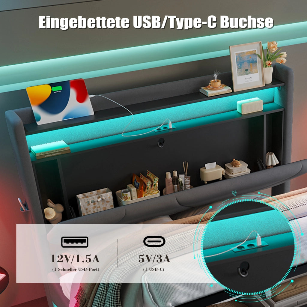 Letto contenitore 140 × 200 cm con testiera a ripiani e vano contenitore; velluto grigio scuro con LED e USB
