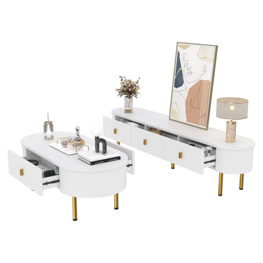 Set mobile TV e tavolino da salotto bianco con cassetti e dettagli oro