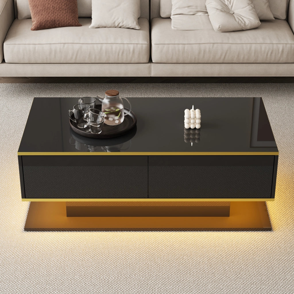 Tavolino da salotto LED con 3 cassetti e vano aperto, finitura lucida con decori dorati, nero, 100 × 50 × 40 cm