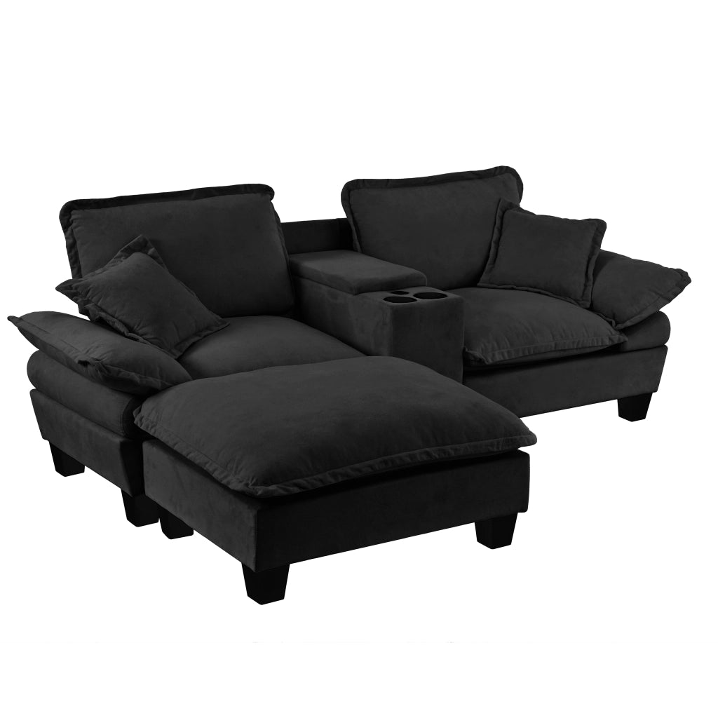 Divano Angolare Modulare con Ottomane ¨C MINIMAL ¨C Chenille, Nero, USB, Contenitore