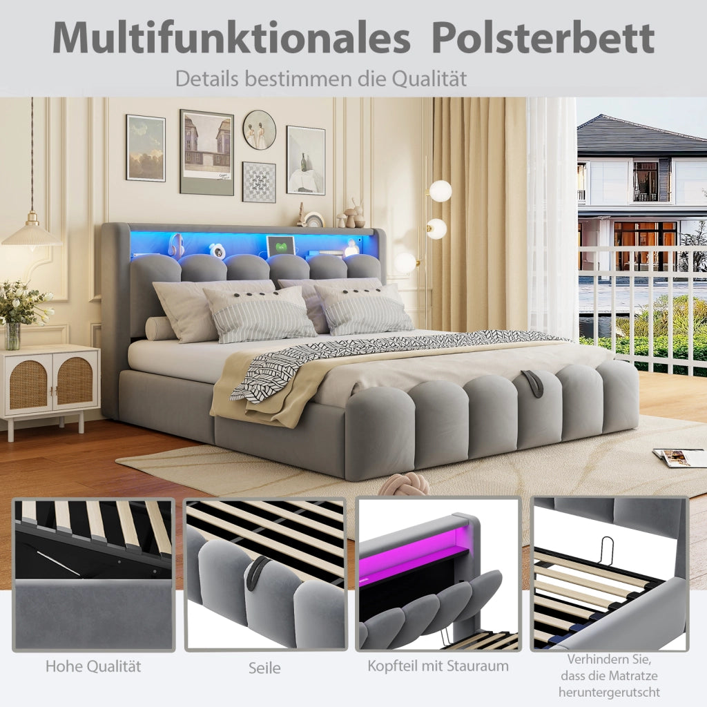 Letto matrimoniale imbottito 180 × 200 cm con contenitore idraulico LED USB e Type-C in velluto grigio