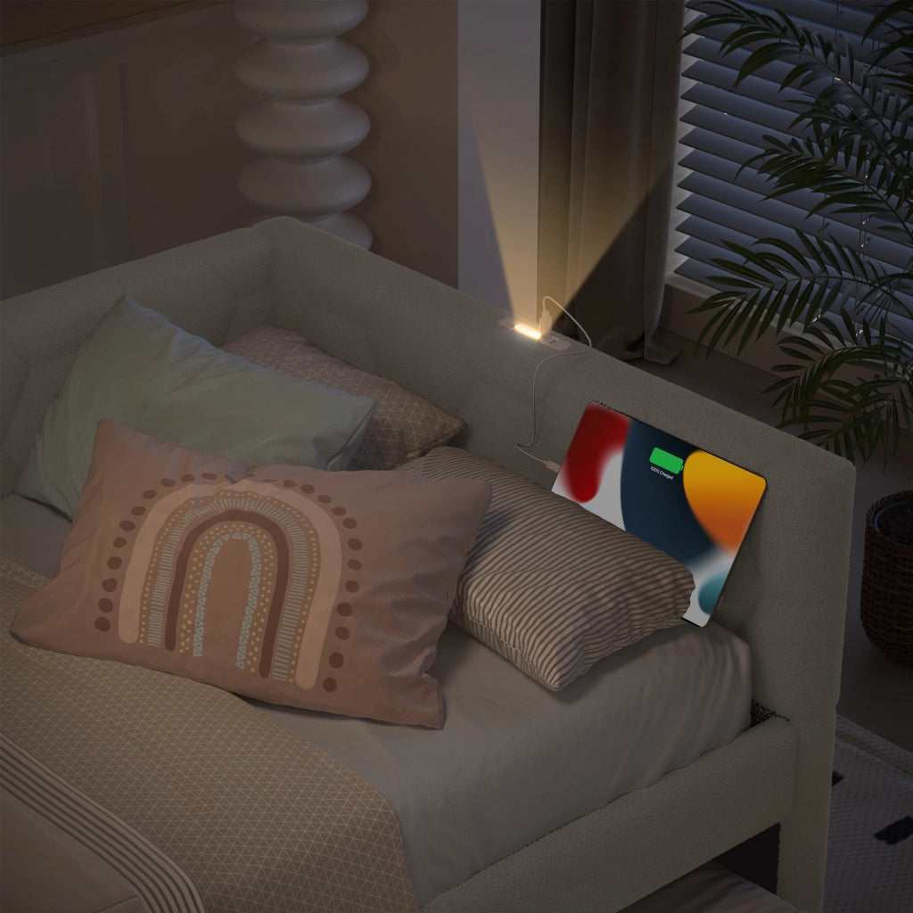 Letto con letto estraibile 90 × 200 cm con USB Type-C e lampada da comodino rivestito in bouclé bianco