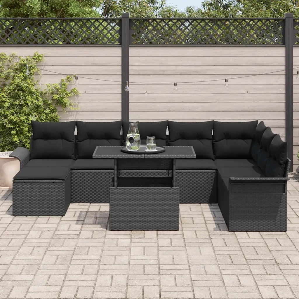 Set Divano da Giardino con cuscino 9 pcs Nero polyrattan