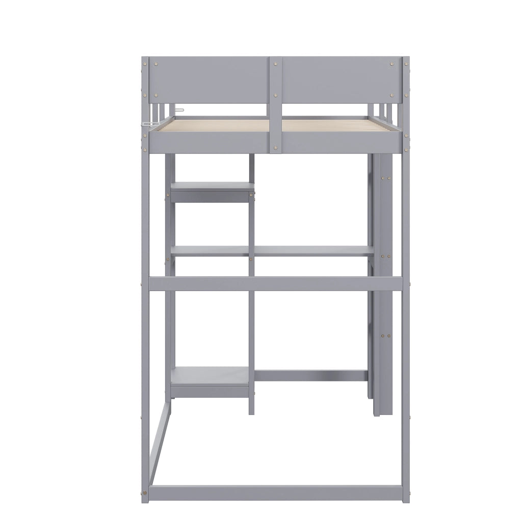 Letto a soppalco 90 × 200 cm con ripiano integrato rete a doghe in legno grigio con protezioni laterali