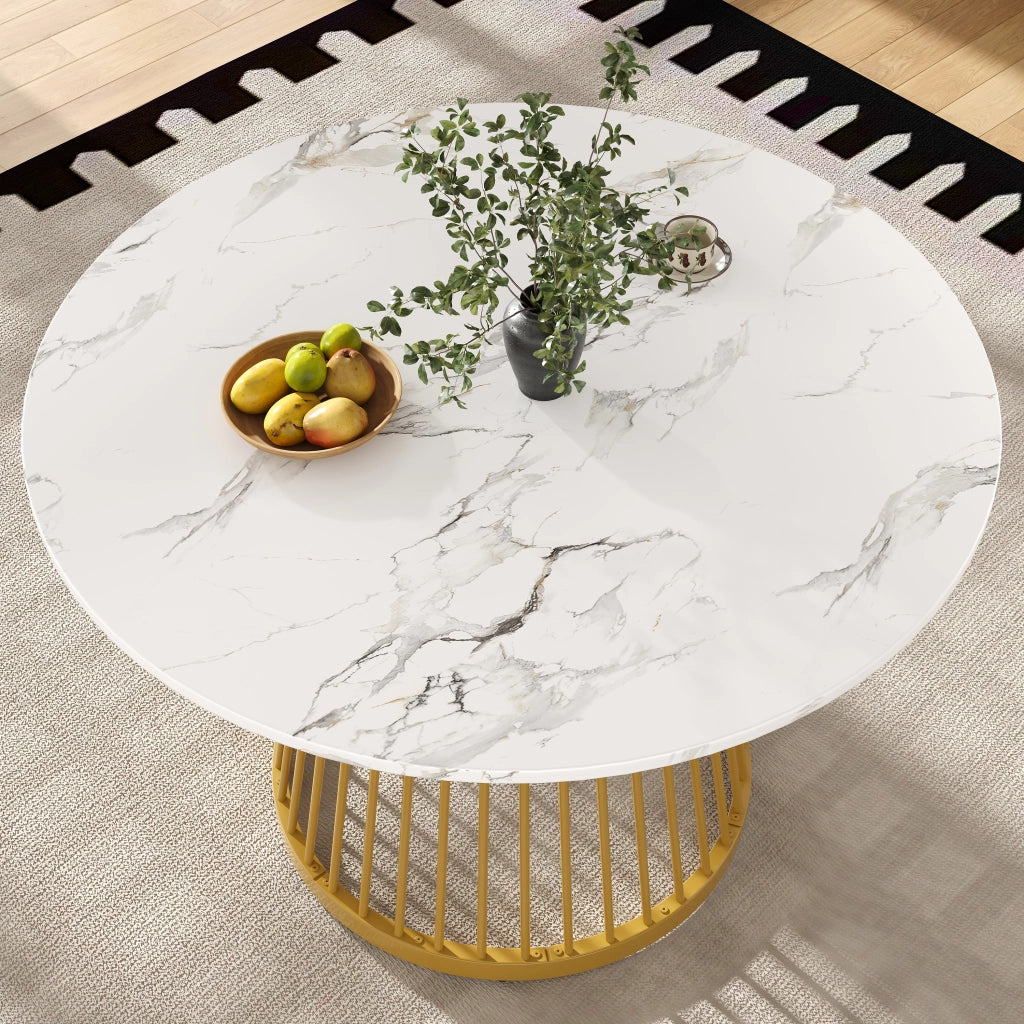 Tavolo da pranzo rotondo in MDF e metallo, bianco e oro, stabile e versatile per 4 persone