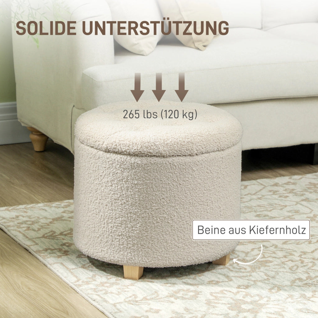 Panca rotonda con contenitore e rivestimento in tessuto color crema, Ø45 x 41 cm, struttura in legno di pino