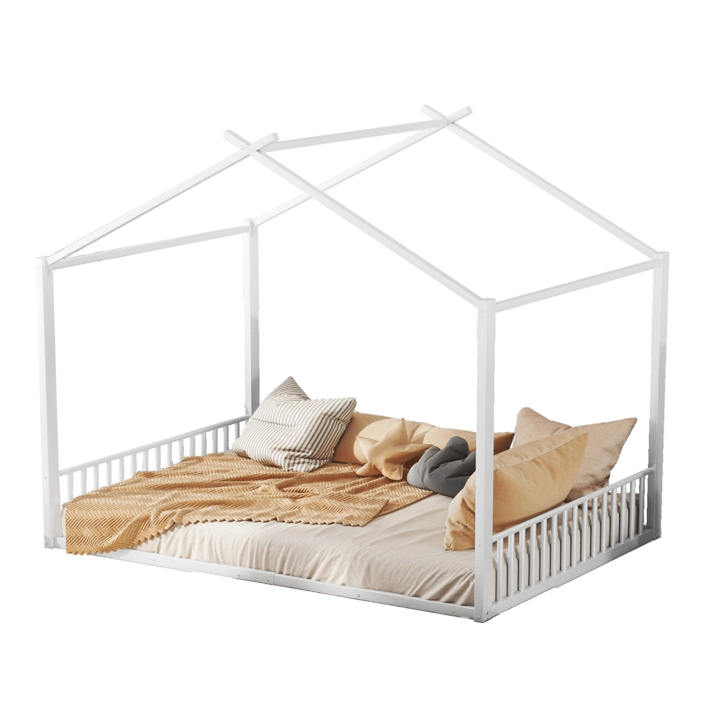 Letto a casetta 140 × 200 cm in metallo bianco con struttura superiore nera senza materasso