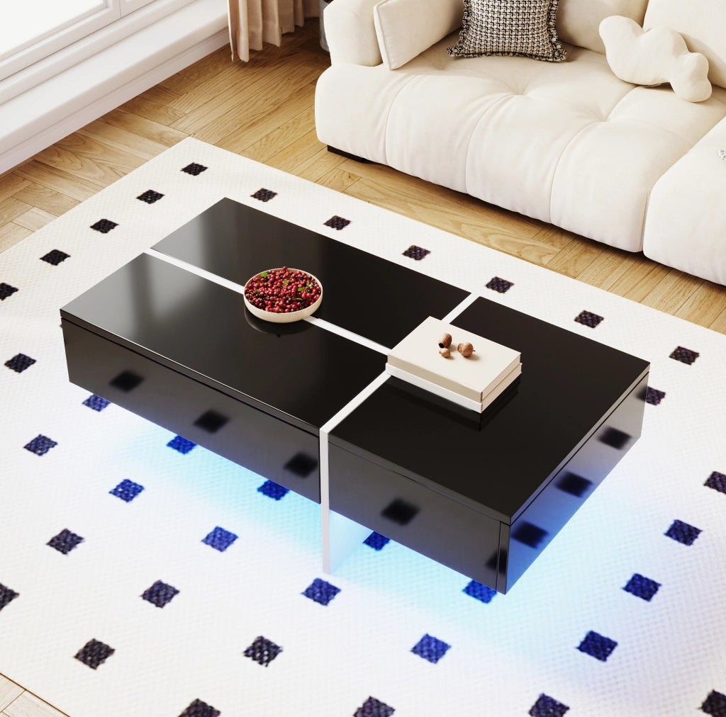 Tavolino da caffè nero e bianco a effetto lucido con illuminazione LED controllata via app, 100x50x34,5 cm