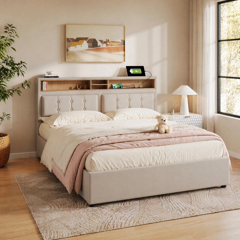 Letto imbottito 140x200 beige con contenitore, prese e materasso