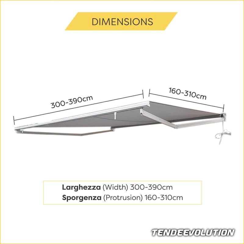 Tenda da Sole a Bracci Estensibili Tempotest Para', col. Verde 5, Largh. 3,6m x Sporgenza 2.85m con Mantovana Ondulata - Arganello Destro