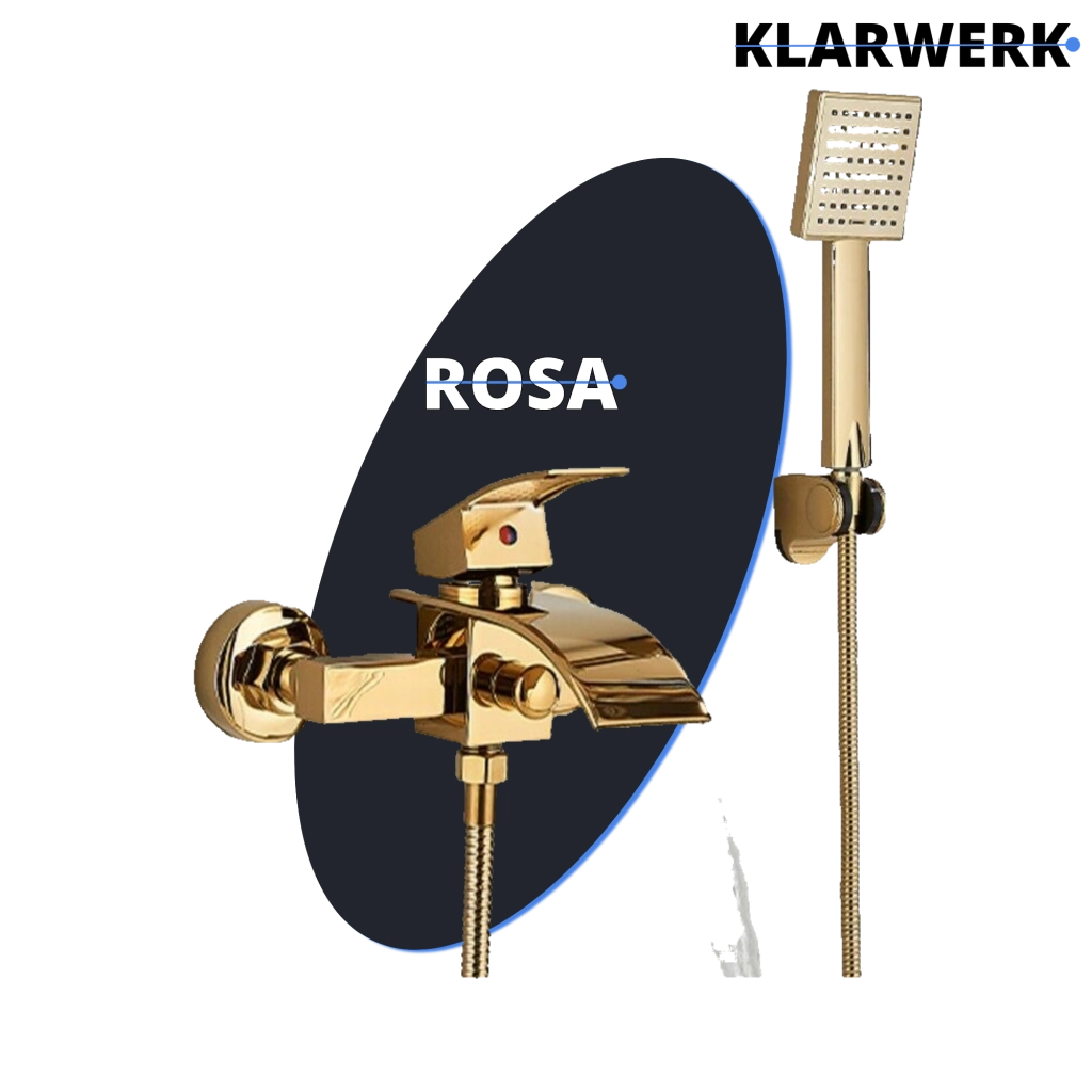 "ROSA" | Miscelatore vasca a cascata doccia oro | in acciaio inox comprensivo di doccetta e supporto | Set completo termostato vasca con rubinetto