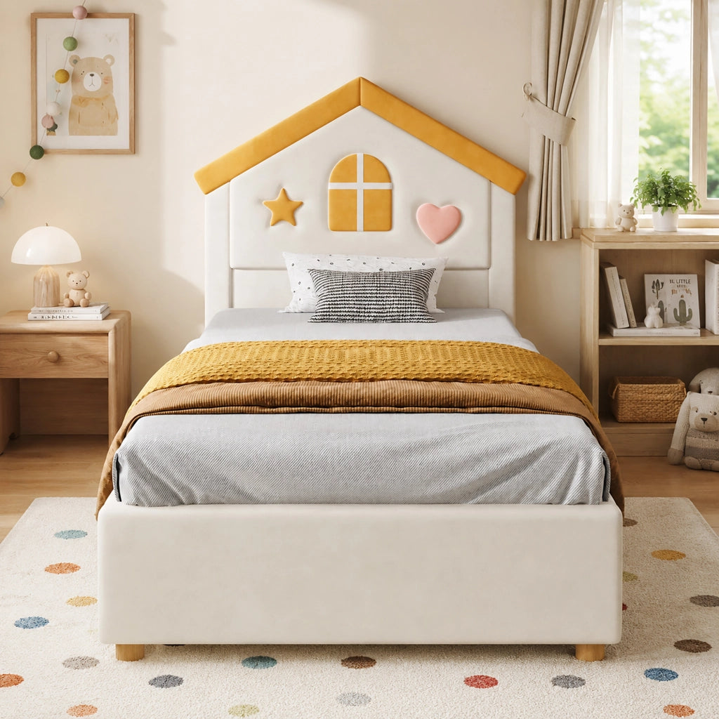 Letto per bambini imbottito 90 × 200 cm con 4 cassetti in velluto beige testiera a casetta rete a doghe