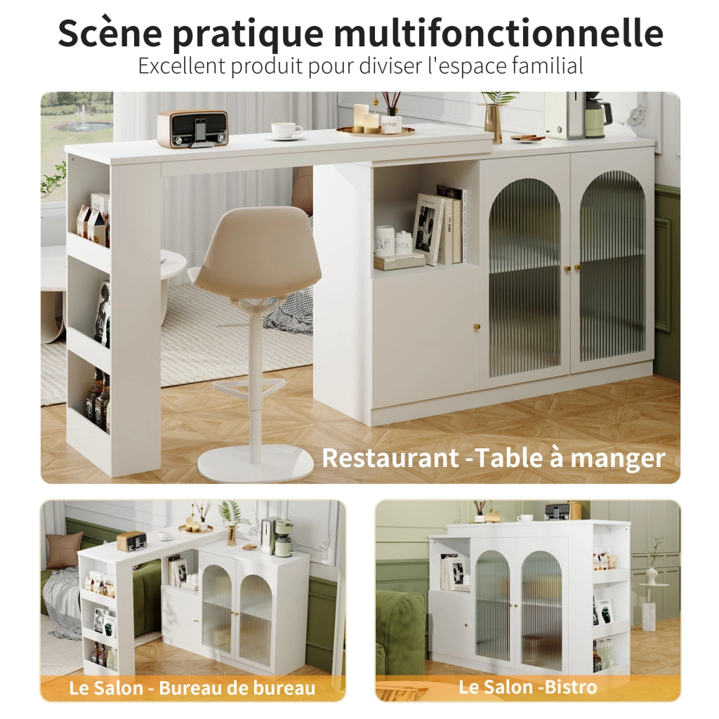Mobile bar girevole a 360° con ante in vetro; ripiani aperti e vani chiusi; MDF bianco 120 × 40 × 97 cm