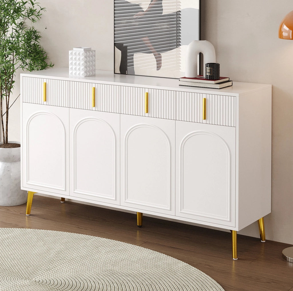 Credenza 140 cm con 4 ante; 4 cassetti e ripiani regolabili; MDF bianco con dettagli dorati