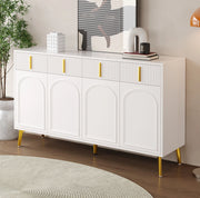 Credenza 140 cm con 4 ante; 4 cassetti e ripiani regolabili; MDF bianco con dettagli dorati