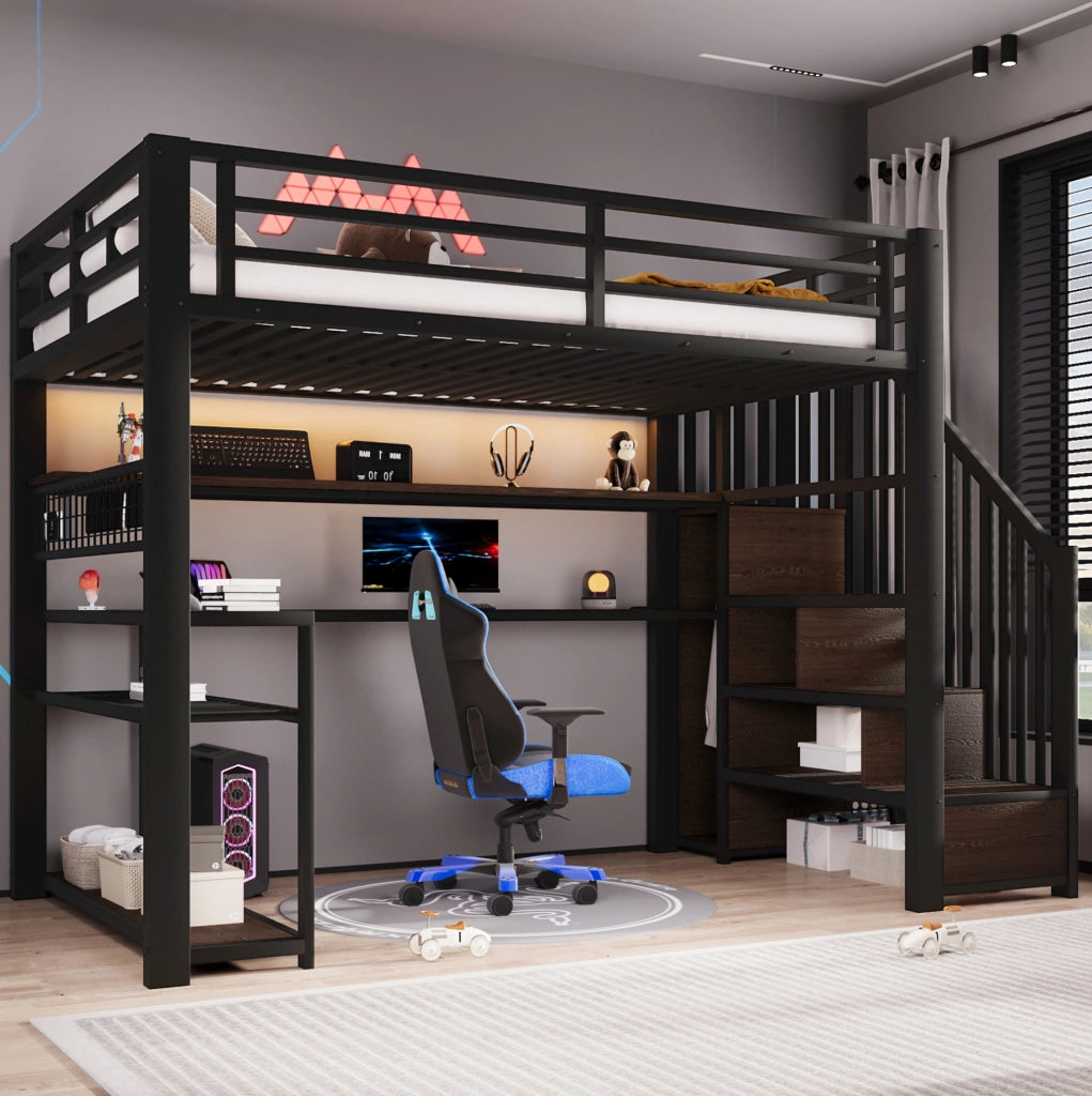 Letto a soppalco in metallo 90x200 cm con LED RGB, armadio, scrivania e spazio contenitivo, nero