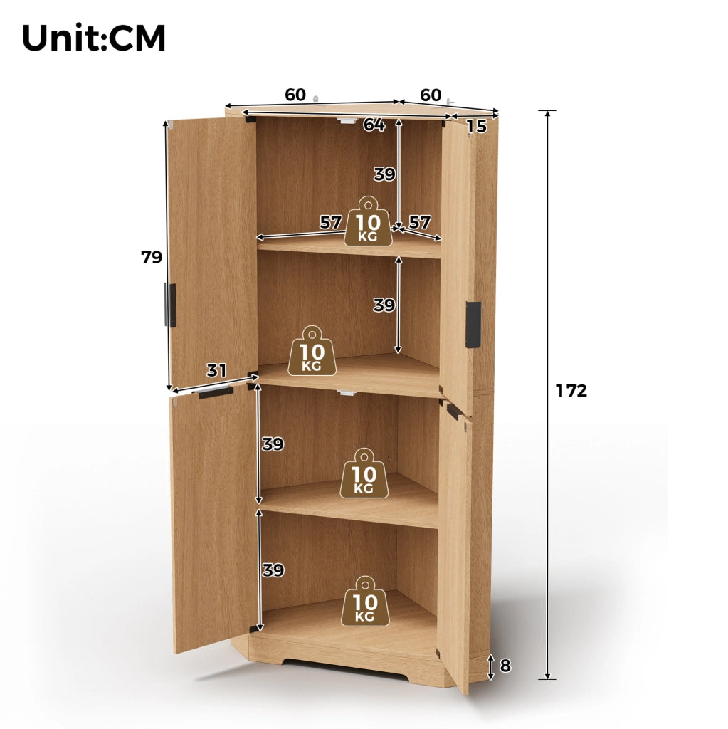 Mobile angolare 60x60x172 cm con 4 ante e ripiani regolabili in MDF naturale