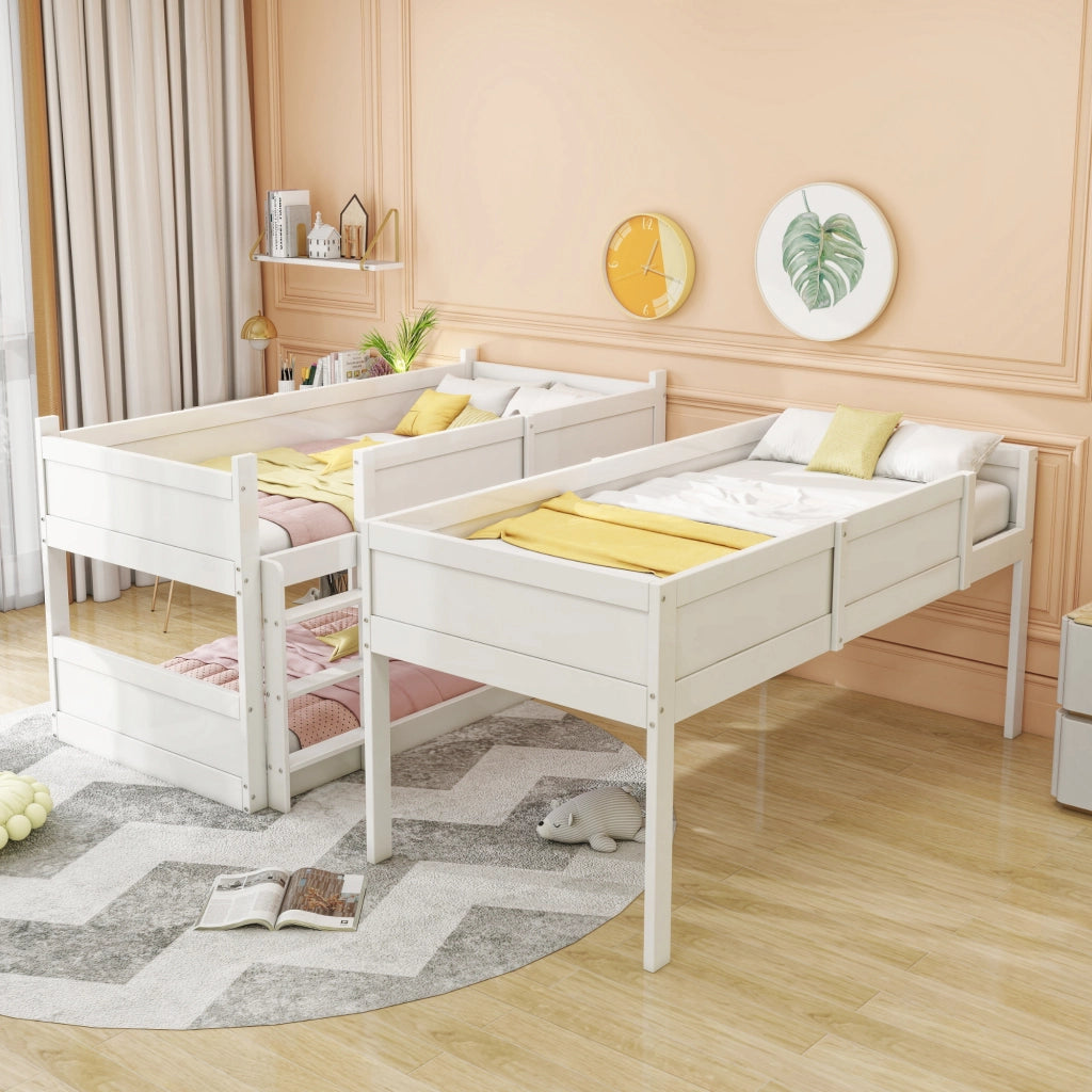 Letto a tre livelli bianco in legno massello di pino 90×200 cm, trasformabile in letto singolo più castello basso