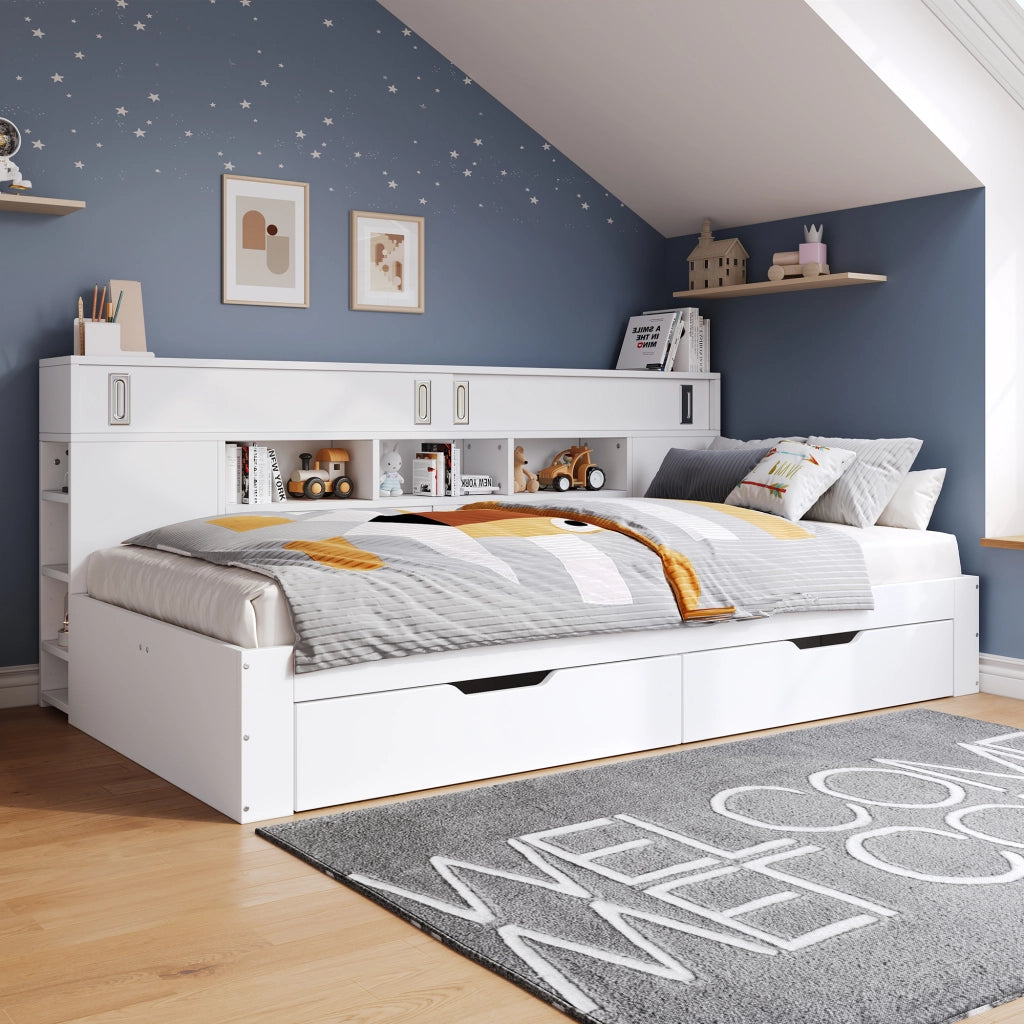 Letto con cassetti 140 × 190 cm con rete a doghe armadi e mensole in MDF bianco per camera multifunzionale