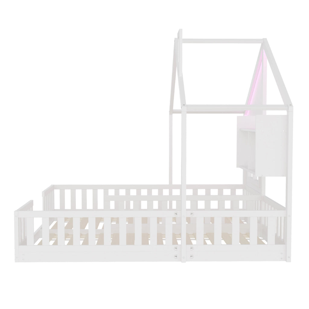 Letto doppio per bambini 2x90x200 cm con LED, ripiani e struttura in legno bianco