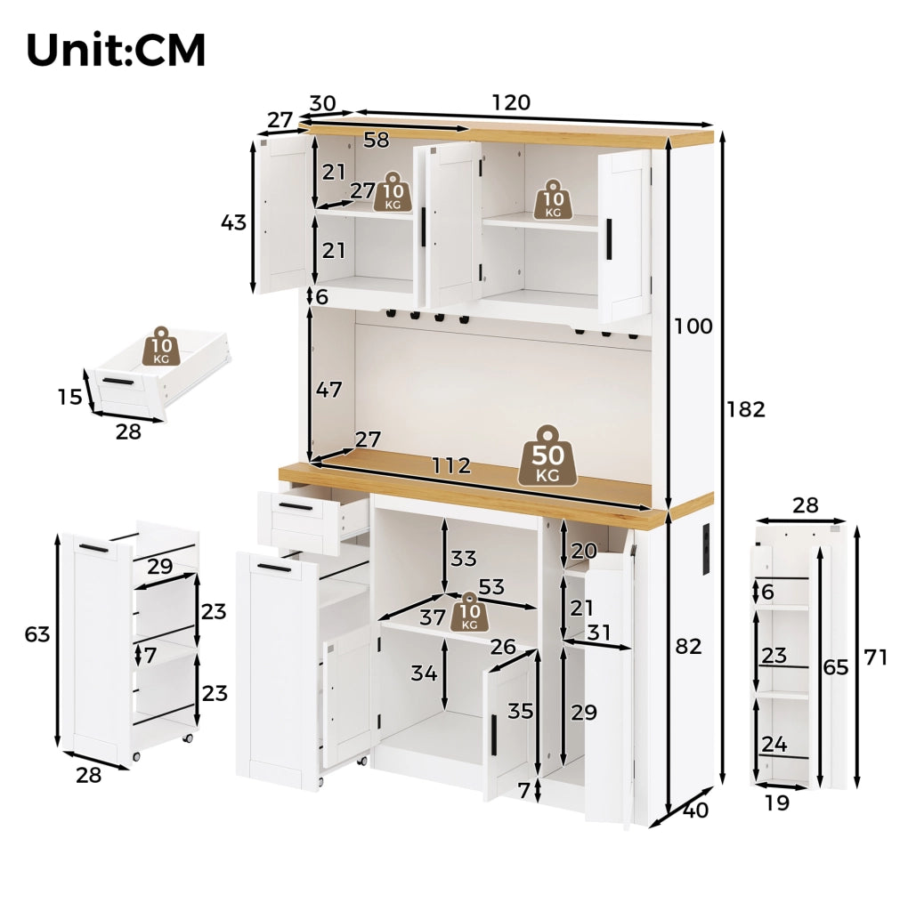 Mobile cucina 120x40x182 cm con LED RGB, prese e cassetti in MDF bianco e naturale