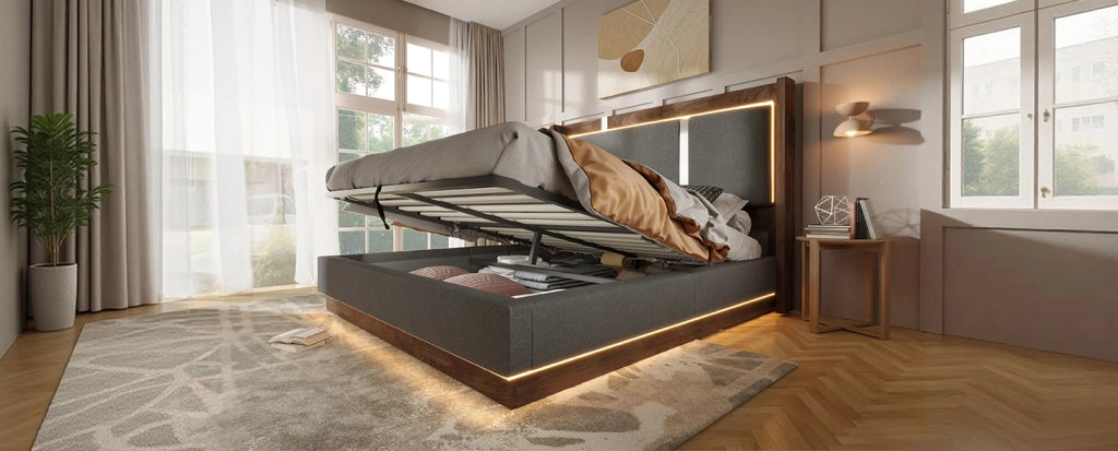 Letto Matrimoniale 140x200 con Contenitore, LED e Rete a Doghe, Tessuto Lino Grigio e Noce, Senza Materasso