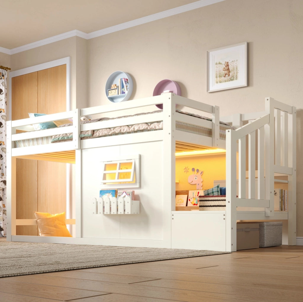 Letto a soppalco ULEVR 90x200 cm con scala contenitore, finestra e luce LED, pino e MDF bianco