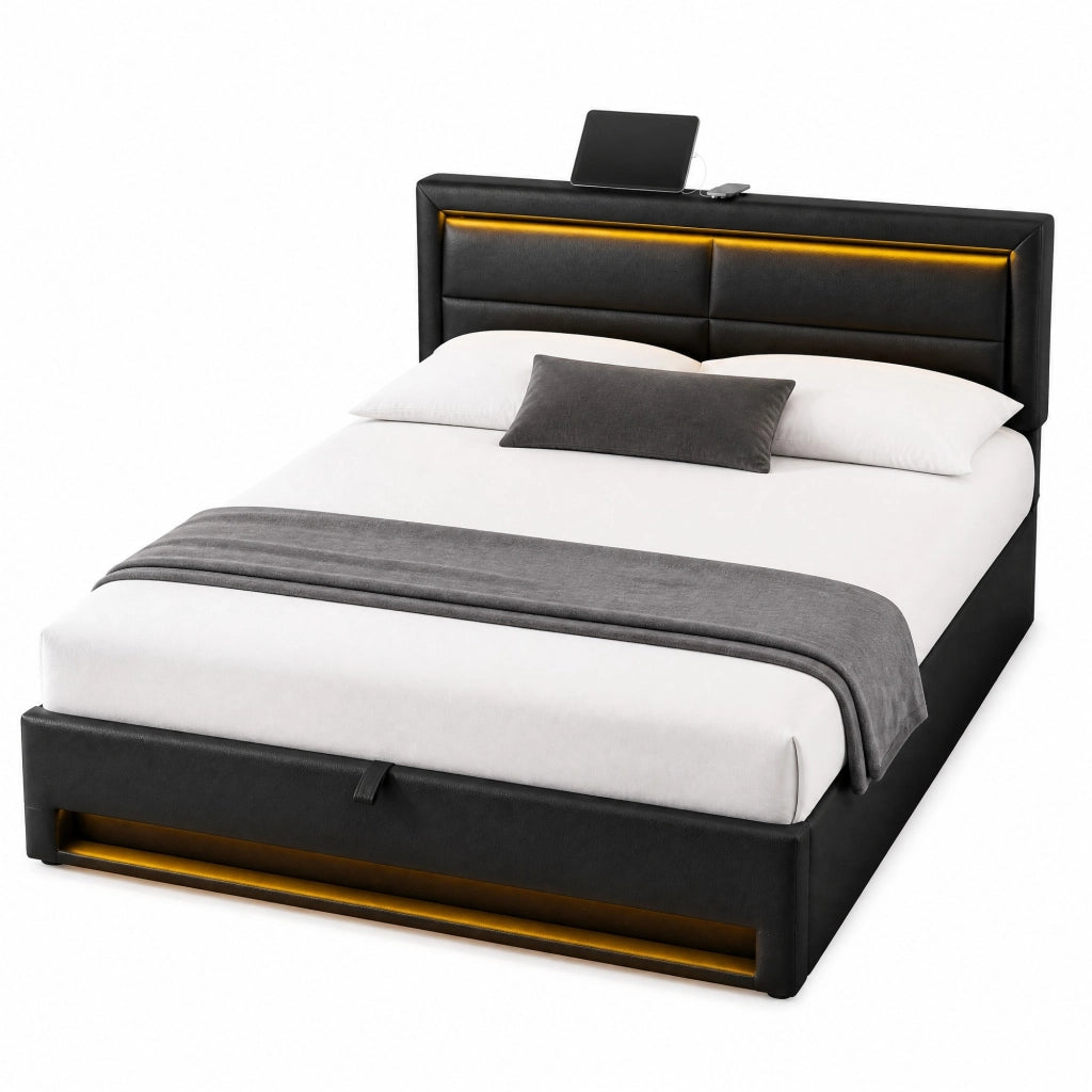 Letto matrimoniale imbottito con contenitore 140 × 200 cm in PU nero con USB ricarica wireless e LED