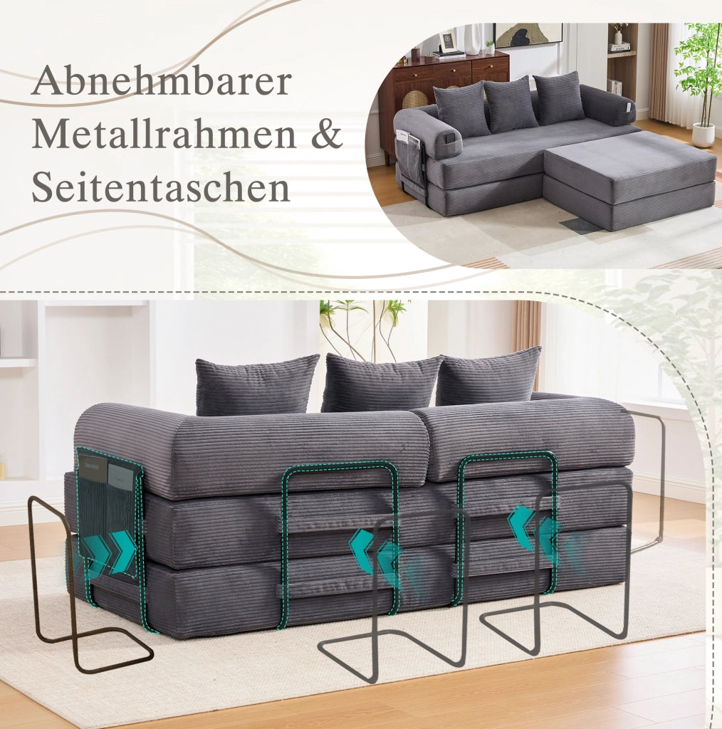 Divano modulare in velluto a coste con pouf grigio scuro